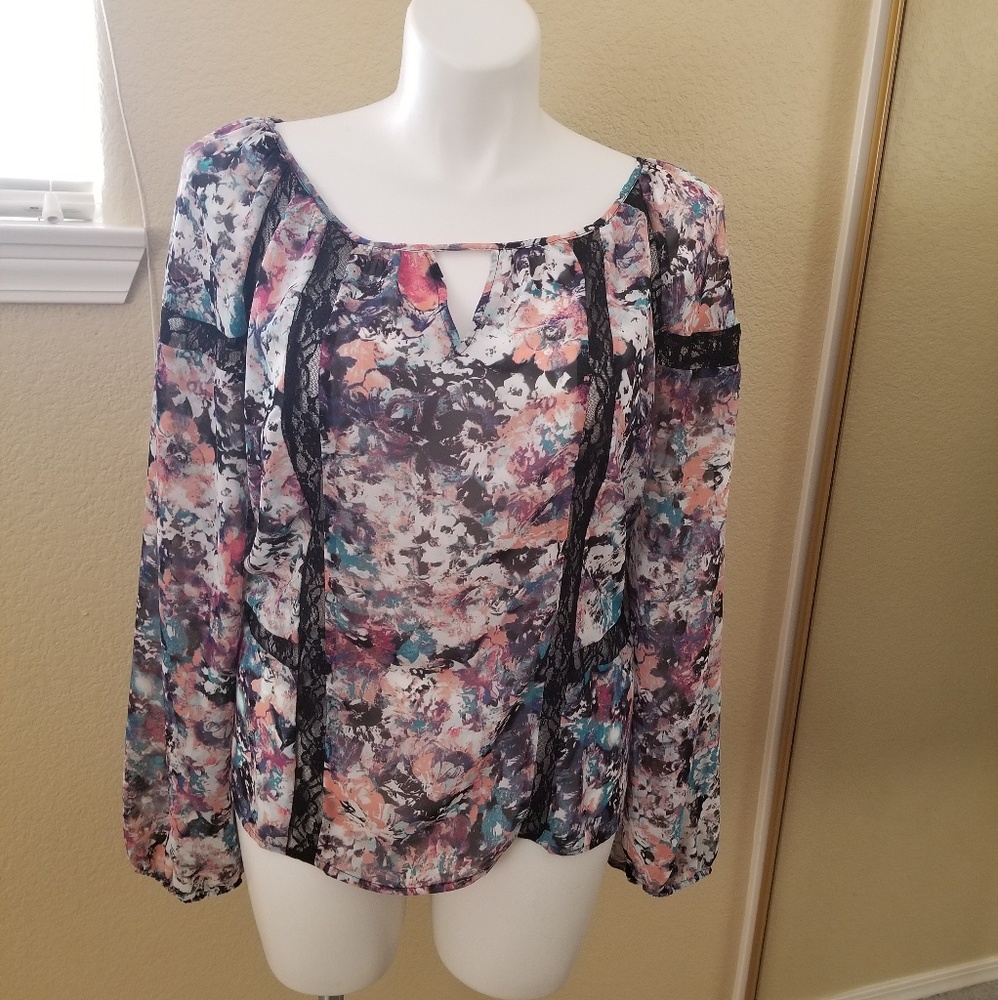 Boutique + multi color sheer top with lace accent